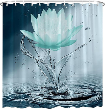 Lotus Shower Curtain Black White Teal Flower Elegant Blooming Floral with Dew Spring Flower Reflection on Water Modern Romantic Polyester Fabric Bathroom Decor 108×70 Inch with Hook
