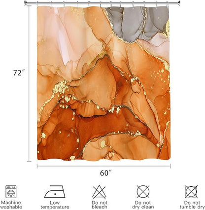 Orange Marble Shower Curtain 60x72, Burnt Orange Modern Abstract Fabric Shower Curtains for Bathroom, Luxury Art Ink Texture Watercolor Cloth Shower Curtain Set with Hooks