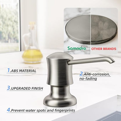 SAMODRA Soap Dispenser for Kitchen Sink Brushed Nickel Lotion Dispenser 12 OZ Bottle Built in Design Refill from The Top