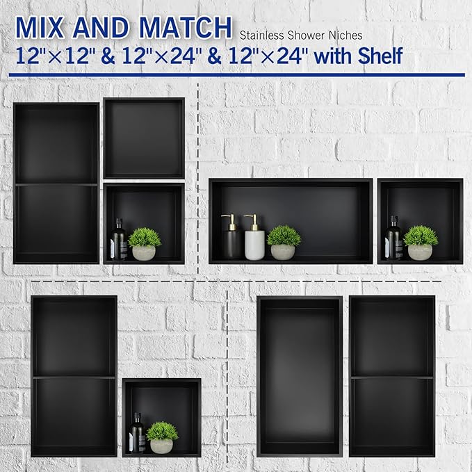 Stainless Steel Shower Niche 24" X 12" Matte Black No Tile Needed Niche Shower for Bathroom Storage Recessed Wall Niches Bathroom Shelf Over Mount Installation