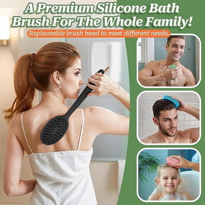 Silicone Face & Back Scrubber Set, Manual Face & Body Scrubber Exfoliator with Soft Bristles and Non-Slip Handle, Back Brush Bath Brush with 2 Detachable Brush Heads(3PCS Blue Set)