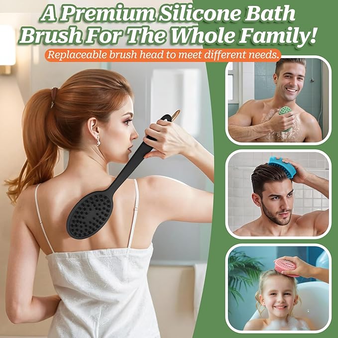 Silicone Back Washer for Shower, Gentle Silicone Back Scrubber for Lathering, Soft Silicone Loofah Bath Brush with Dual-Side & Detachable Brush Head, Good for Sensitive Skin(Green)