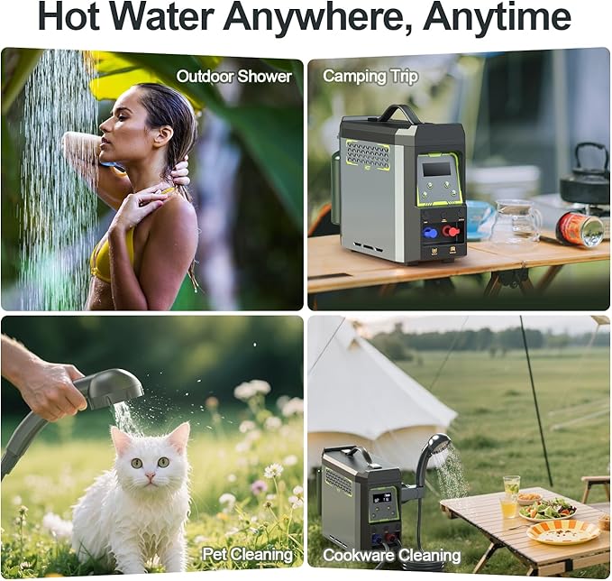 Portable Water Heater, Propane Water Heater with Shower Pump, Max 100 Mins 3s Instant Hot 20,000 BTU, 4000mAh Rechargeable Built-in Battery for Outdoor Cleaning, Camping, Hunting, Hiking