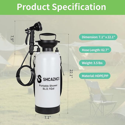 2.1 Gallon/8L Portable Outdoor Shower, 10 Spray Modes, No Power Needed, Insulated Sleeve Keeps Water Warm, Multi-Use Sprayer for Camping, Beach & Surfing, Fishing, Hiking, Road Trips, White