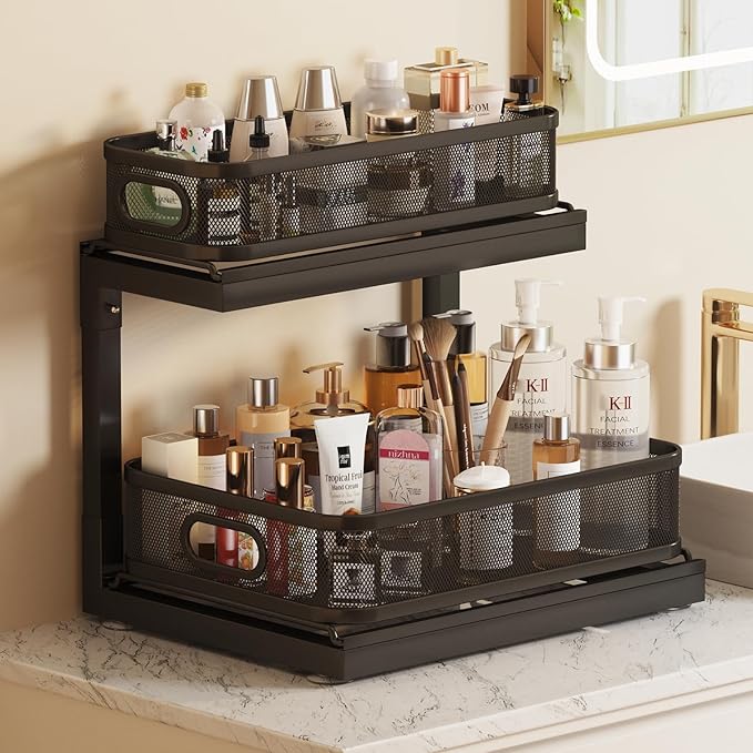1-Pack Under Sink Storage Organizer with 2-Tier Slide Out Drawer, Sophisticated Mesh Pull Out Shelf for Kitchen & Bathroom, Fits Small Items, Upgraded Arched Track for Smooth Gliding-Black