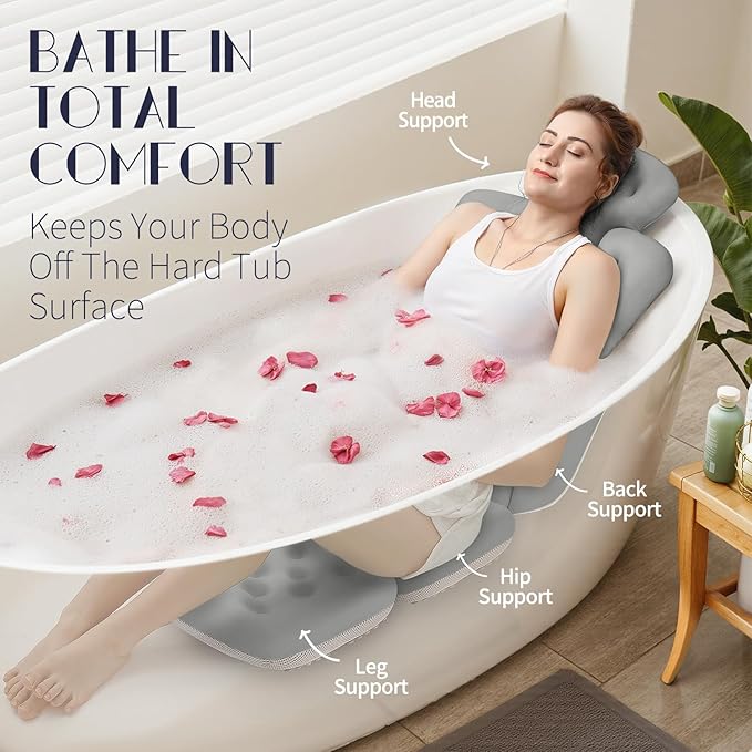 Full Body Bath Pillow for Bathtub, Thick Bathtub Cushion with Laundry Bag, Luxury Tub Pillow for Bath for Headrest Neck and Back Support Gray 51" x 16"