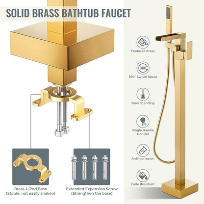 Freestanding Tub Faucet Brushed Gold: ALEASHA High Flow Max 6.74 GPM Free Standing Tub Filler - Brass Modern Floor Mount Bathtub Faucet with Handheld Shower, for the Ultimate Elegant SPA Experience