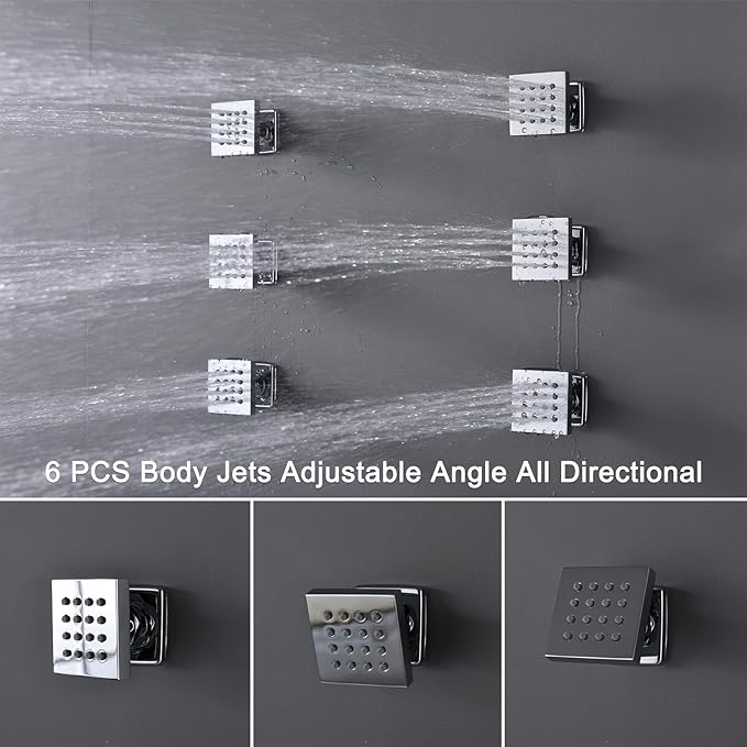 Thermostatic Shower System Chrome Shower Faucet Set 4 Way Bathtub Shower System with 12 inch LED Shower Head,6 PCS Body Jets,Tub Spout,Handheld Shower Head