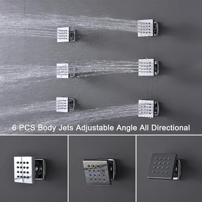 Thermostatic Shower System Chrome Shower Faucet Set 4 Way Bathtub Shower System with 12 inch LED Shower Head,6 PCS Body Jets,Tub Spout,Handheld Shower Head