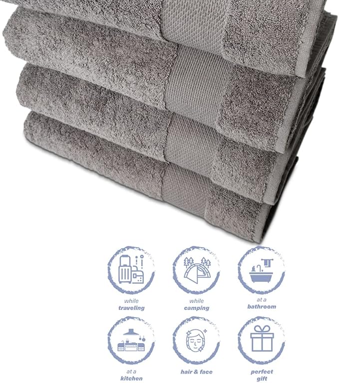 Hencely Premium Bath Towel Set of 4-28x58 Inches - High Absorbency, Quick Drying - 100% Soft Turkish Cotton Towels - Ideal for Home, Bathroom, Hotel, Spa, and Gym - Gray