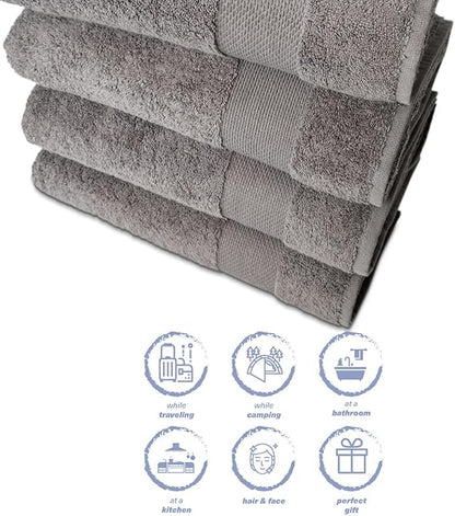 Hencely Premium Bath Towel Set of 4-28x58 Inches - High Absorbency, Quick Drying - 100% Soft Turkish Cotton Towels - Ideal for Home, Bathroom, Hotel, Spa, and Gym - Gray