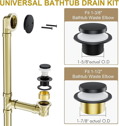 Matte Black Bathtub Drain Stopper and Overflow Kit, Solid Brass Tip-Toe Bath Tub Drain with Hair Catcher - Universal Coarse/Fine Thread, Bathroom Bathtub Plug Replacement, 11.5/16 UNC