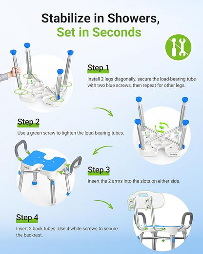 Ergonomic H-Shaped Shower Chair for Elderly and Disabled with Padded Back & Arms,500 lbs Heavy Duty Adjustable Shower Stool Seat for Easy Cleaning, Anti-Slip Bath Chairs for Bathtub