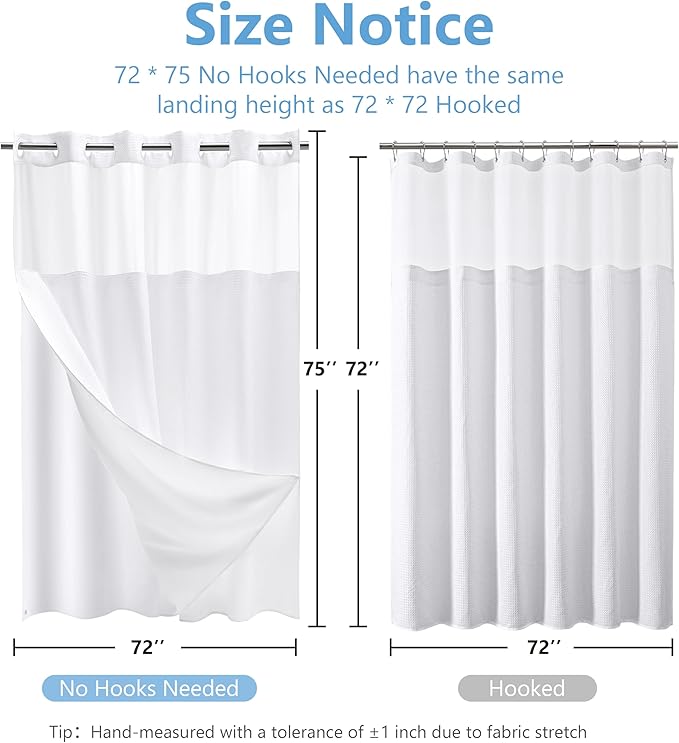 No Hook Waffle Weave Shower Curtain Set with Snap-in Fabric Liner and Mesh Top Window,256GSM Heavy Duty Fabric,White Washable Luxury Shower Curtain for Bathroom Stalls (72x75 Inch)