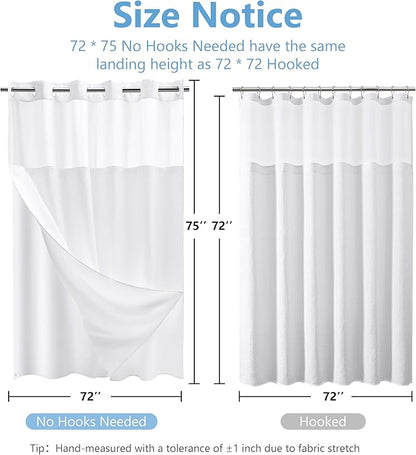 No Hook Waffle Weave Shower Curtain Set with Snap-in Fabric Liner and Mesh Top Window,256GSM Heavy Duty Fabric,White Washable Luxury Shower Curtain for Bathroom Stalls (72x75 Inch)