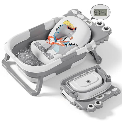 Collapsible Baby Bathtub for Newborn, Foldable Baby Bath Tub with Thermometer & Soft Floating Cushion & Drain Hole, Portable Travel Infant Bath Tubs for Newborns to Toddlers 0-36 Months Boys, Grey
