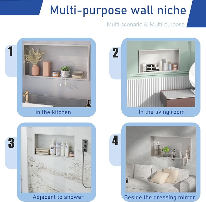 No Tile Needed Shower Niche for Shower Room Storage,Recessed Wall Niche Insert,Stainless Steel 304 (Brush, 12 * 24 in)