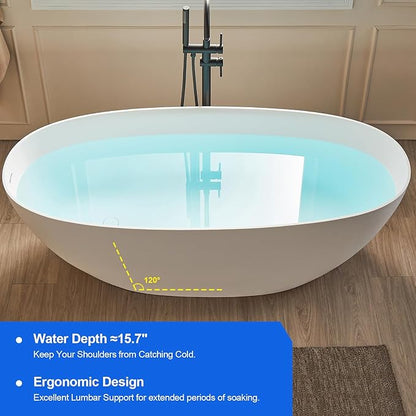 Cpingao 55" Stone Resin Freestanding Bathtub, Oval Contemporary Soaking Tubs, Solid Surface Stand Alone Tub with Drain & Integrated Slotted Overflow Matte White 8845-1400