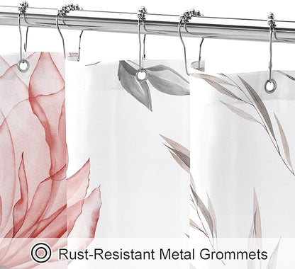 Extra Long Boho Watercolor Floral Shower Curtain 72 x 84, Red and Grey Ink Painting Style Flower Shower Curtains for Chic Elegant Bathroom, Artistic XL Fabric Cloth Shower Curtain