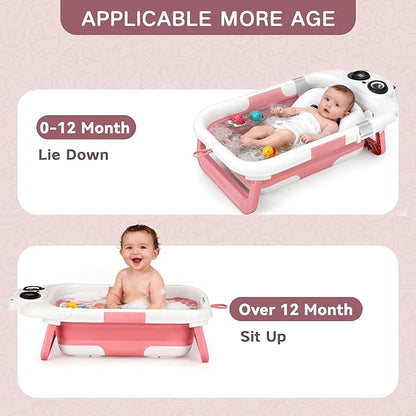 Collapsible Baby Bathtub for Newborn to Toddler (0-24 Months), Portable Baby Bath Tub for Travel, Newborn Bathtub with Soft and Supportive Cushion (Panda-Pink)