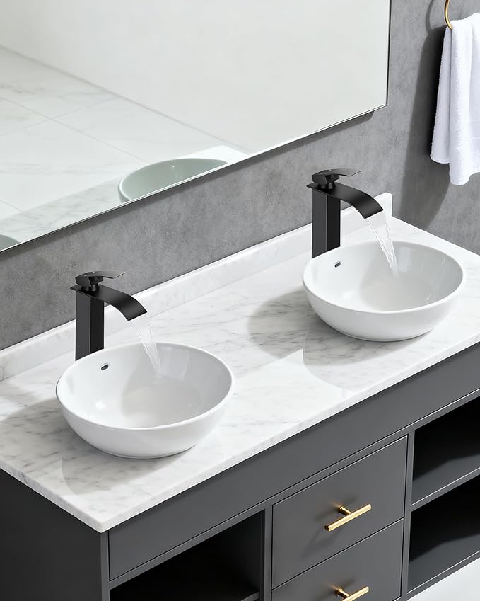 LIFG Matte Black Vessel Sink Faucet, Tall Waterfall Bathroom Faucet, Single Handle One Hole Mixer Bowl Tap with Large Rectangular Spout, Bar Sink Faucet Lavatory Vanity
