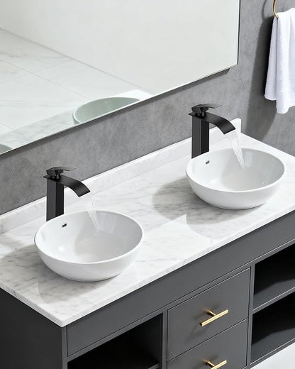 LIFG Matte Black Vessel Sink Faucet, Tall Waterfall Bathroom Faucet, Single Handle One Hole Mixer Bowl Tap with Large Rectangular Spout, Bar Sink Faucet Lavatory Vanity