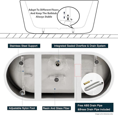 FerdY Shangri-La 67" Acrylic Freestanding Bathtub, Classic Oval Shape Acrylic Soaking Bathtub with Brushed Nickel Drain & Minimalist Linear Design Overflow, Modern White, cUPC Certified