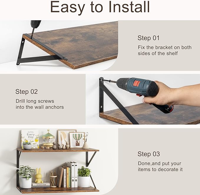 Floating Shelves 48 Inch Long, 10" Deep Floating Shelves, Wall Shelves 48 x 10, Set of 2, Wide Large Display Storage Shelves for Bathroom, Living Room, Rustic Wood Shelves with Brackets, Rustic Brown
