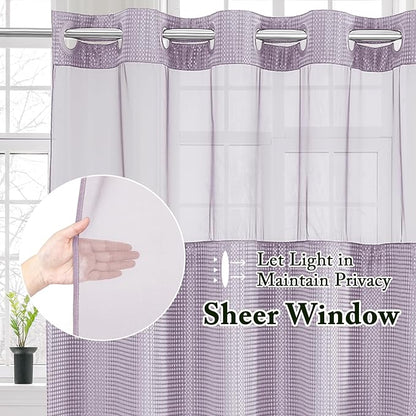 Gibelle No Hook Waffle Weave Shower Curtain with Snap-in Fabric Liner Set for Bathroom, Hotel Style with Mesh Top Window, Waterproof & Washable, Lavender, 72x74