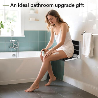 Wall Mounted Shower Seat - 16IN Teak Fold Down Shower Seat for Elderly, Disabled & Pregnant Women - Sturdy Shower Benches for Inside Shower with 400LB Capacity- 2025 Premium Black Shower Bench
