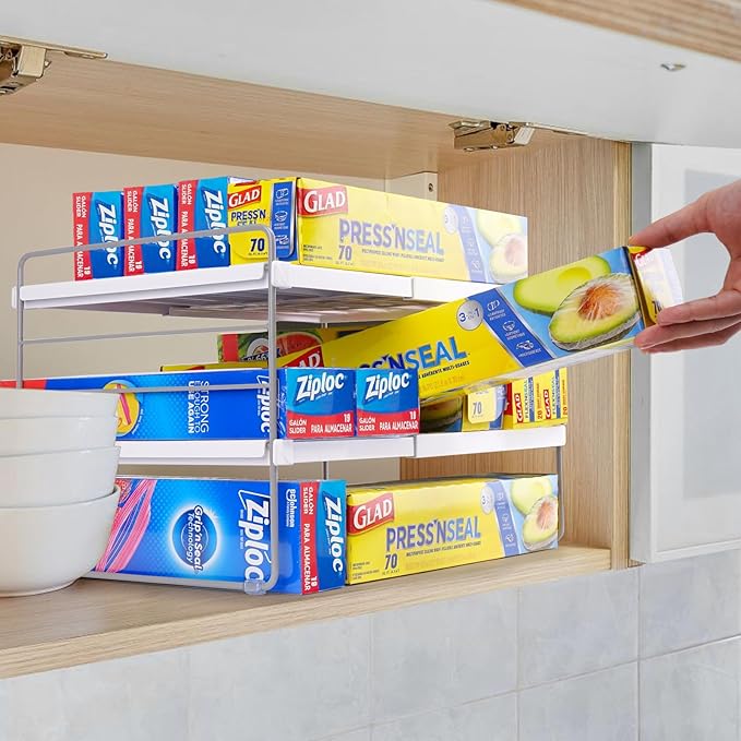 Pantry Organizers and Storage,3 Tiers Expandable Foil and Plastic Wrap Organizer, Adjustable Kitchen Cabinet Shelf Organizer, Shelves Storage Rack for Cabinet Countertop (9.8" To 15.6"L) 2PCS