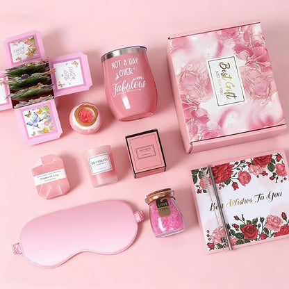 Christmas Spa Gift Basket with Bath Essentials- Pink Rose Relaxation Kit Set, Birthday Spa Items Box for Women, Wife, Mom, Sister, Mom, Her, Friends