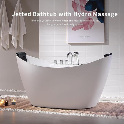 Empava 59" x 28" Freestanding Whirlpool Tub with Center Drain,560W Stand Alone Bathtub with 8 Hydromassage Jets, Unique Boat-Shaped,Acrylic,ETL Certified