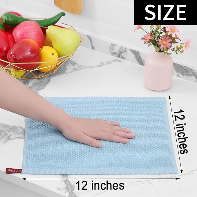 Homaxy 100% Cotton Waffle Weave Kitchen Dish Cloths, Ultra Soft Absorbent Quick Drying Dish Towels, 12 x 12 Inches, 8-Pack, Sky Blue