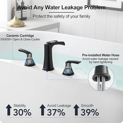 Roman Waterfall Bathtub Faucets, Brass High Flow Bathtub Faucet 3 Hole 6-16 Inch Widespread Black Tub Faucet Set 2 Handle, Deck Mount Filler Bath Faucet for Tub with Supply Water Hose for Modern
