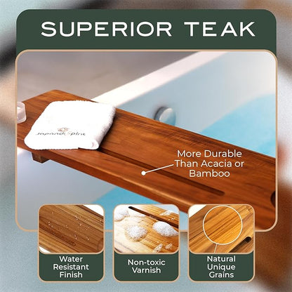 Grand Fjord | Teak Bathtub Tray for Large Soaking Tub | Extra Long 35” Luxury Bath Caddy for Freestanding Tubs | Minimalist Wooden Tub Tray with Candle Holders & Premium Towel by JapandiSpirit