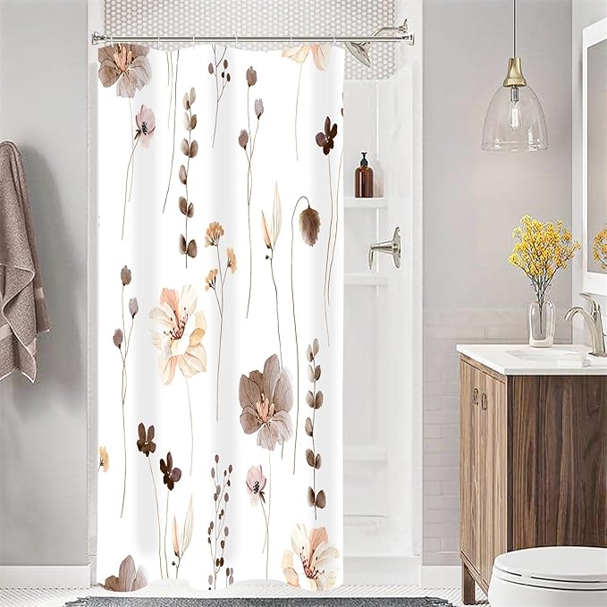 Gibelle Small Stall Shower Curtain 36 x 72, Narrow Half Watercolor Floral Fabric Shower Curtain, Brown Beige Flower Decorative Bathroom Shower Curtain Set