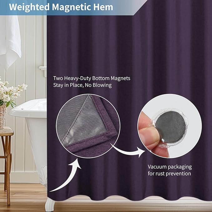 2-in-1 Waterproof Fabric Shower Curtain or Liner,Linen Textured,Breathable TPU & Washable Bathroom Shower Curtain Set with 12 Plastic Hooks,Modern,72"x72" Purple
