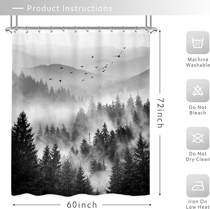 Riyidecor Mountain Shower Curtain 60Wx72H Inch Black Pine Tree Nature Scenery Woodland Landscape Rustic Mens Bathroom Decor Fabric Polyester Waterproof 12 Pack Hooks
