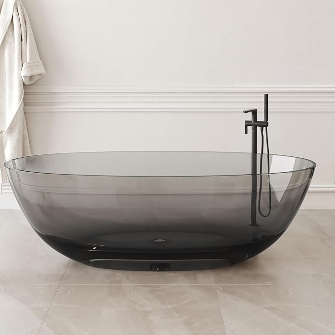 Stone Resin Freestanding Bathtub 71", Elegant Oval Shape Soaking Tub, Solid Surface Stand Alone Bathtub with Drain & Integrated Slotted Overflow Transparent Grey AMFS303-1800 Grey