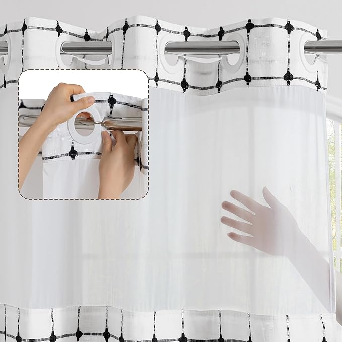 ROSERY No Hook Shower Curtain with Snap in Fabric Liner Set, Boho Farmhouse Black and White Woven Jacquard Grid Shower Curtain for Bathroom with Tassel, Checkered Pattern, 71" W x 74" L