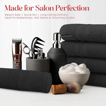 RIVERSIDE Pack of 24 Salon Towels Set – 16 x 26 Inches, 100% Ring Spun Cotton Highly Absorbent and Quick Dry Towels for Salon, Hand, Barber, Gym, Home & Hair Care, Black
