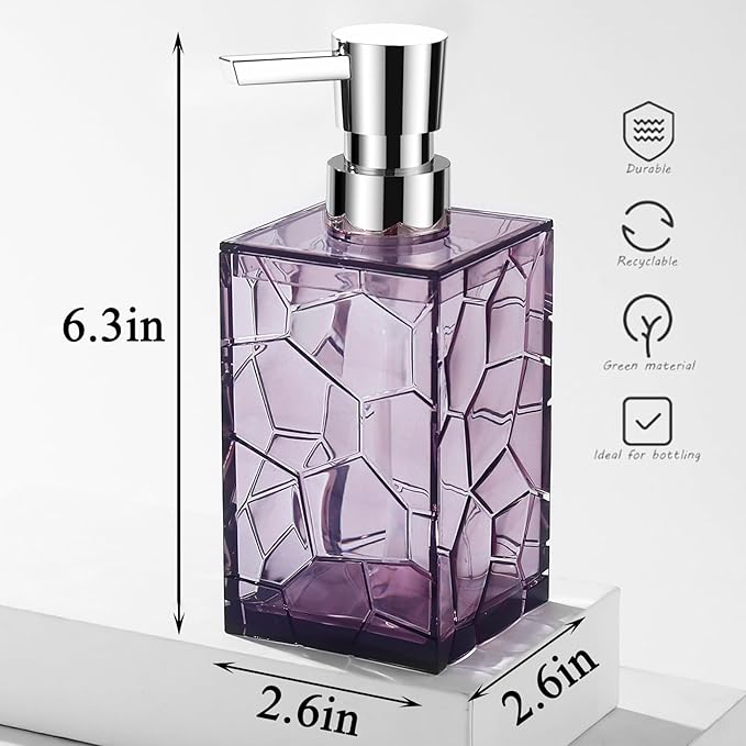 Hand Soap Dispenser, Clear Acrylic Plastic Liquid Pump Bottles Refillable Lotion Dispenser for Bathroom Decor Kitchen College Dorm, Purple