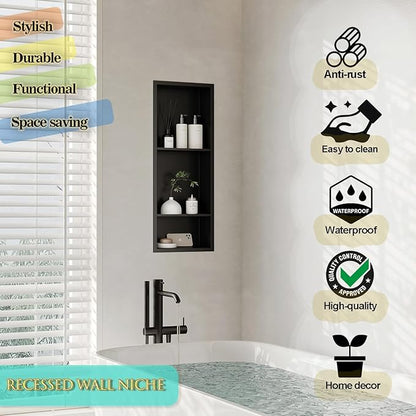 Neodrain 12X30 Inch Matte Black 3-Tier Stainless Steel Shower Niche, NO Tile Needed Recessed Wall Niche Shelf for Bathroom Storage Cabinet