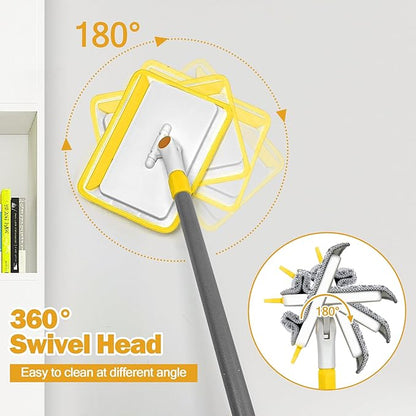 JEHONN Baseboard Cleaner Tool with Handle, 56 inches Base Boards Cleaning Mop Scrubber, 1 Stiff Bristles Brush, 2 Chenille and 2 Microfiber Pads, Wall Duster for Floorboard Ceiling Window (Yellow)