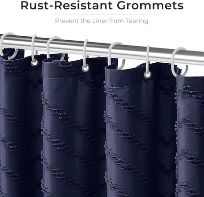 84 Inches Long Boho Tufted Chevron Striped Fabric Shower Curtain Navy Blue 72x84 Tall Minimalist Waterproof Cloth Shower Curtain, Wrinkle Free