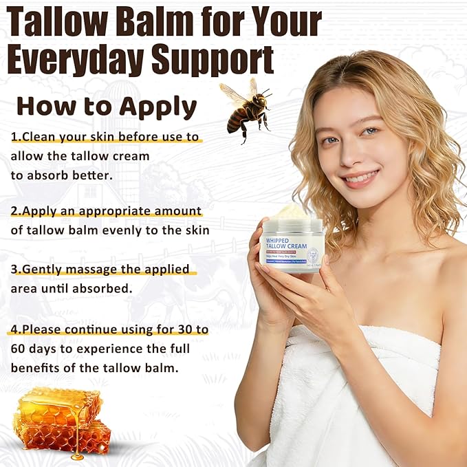 Beef Tallow for Skin, Natural Beef Tallow for Face, 100% Organic Grass Fed Finished Whipped Tallow and Honey Balm, Tallow Cream for Skin Care, Tallow Face Moisturizer Body Lotion