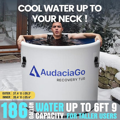 XXL Ice Bath Tub for Athletes, Compatible with Water Chillers, 186-Gallon Inflatable Cold Plunge Tub with Insulated Lid, Step, Water-Absorbent Mat, Portable for Outdoor & Indoor Recovery