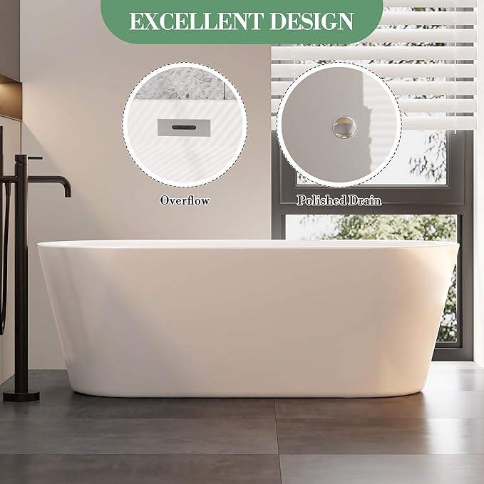 67 Inch Acrylic Soaking Bathtub, Modern Stand Alone Tub for Adults with Sloped Backrest, Chrome Drain & Overflow, cUPC Certified, Easy Installation, White Oval Bath