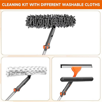 Chabatree Window Squeegee Cleaner Set 2-in-1 Window Cleaning Tool with Extendable Pole, Window Cleaning kit with Bendable Head for Indoor & Outdoor Glass for Car Indoor Outdoor High Windows（Kit2.0）